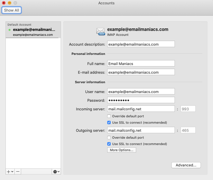 Office 365 Subscription IMAP Settings Screenshot